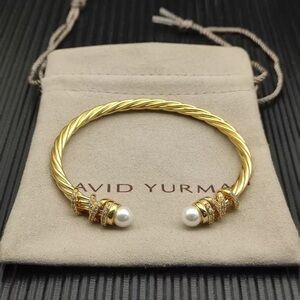 David Yurman Gold Cable Cuff Bracelet with Pearl Terminals and Pavé